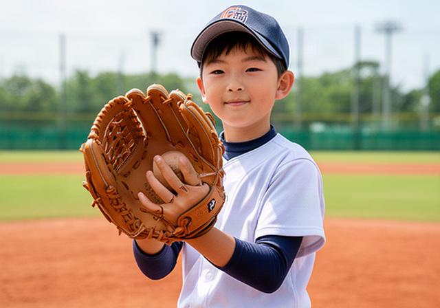 少年野球の選手が明るい屋外グラウンドで軽量な軟式グローブを構えている様子