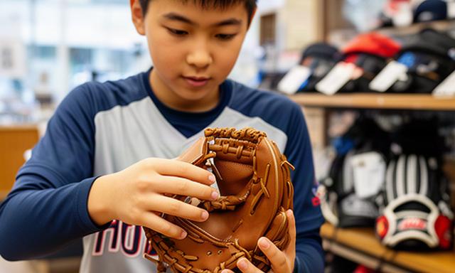 内野守備用の小さめ硬式グローブを手に取って確認する少年選手